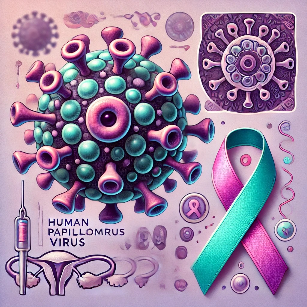 DALL·E 2024-08-08 20.34.34 – A detailed and informative image for a WordPress blog post about Human Papillomavirus (HPV) infection. The image should feature a stylized representat
